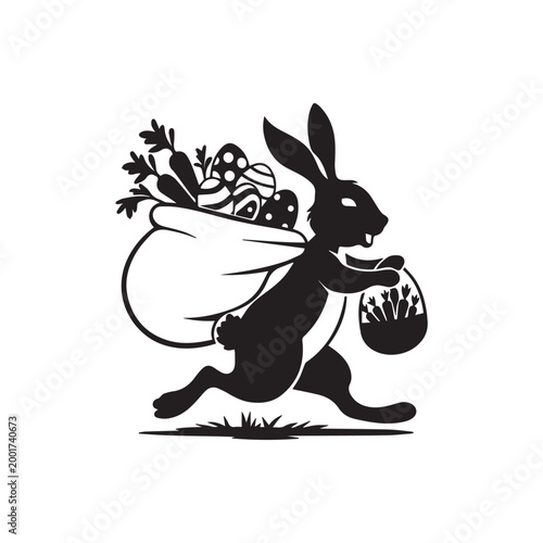 Easter Bunny Silhouette Running With Sack Of Carrots And Eggs For Holiday Celebration. 