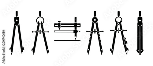 Drafting compass technical drawing tool set, precision engineering geometry instruments, professional architectural design equipment vector icons for blueprints, mathematical drawing tools on white ba