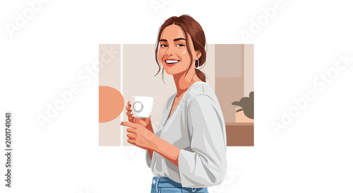 Modern flat vector illustration of a smiling young woman holding a coffee cup, stylish female character enjoying a morning drink in a minimalist cafe