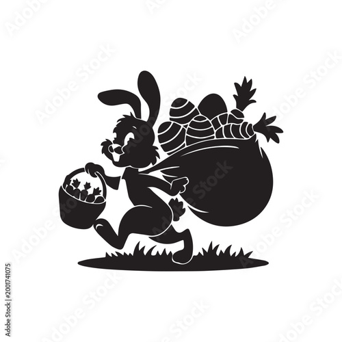Easter Bunny Silhouette Running With Sack Of Carrots And Eggs For Holiday Celebration. 