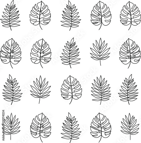 Tropical leaf line art collection with hand drawn