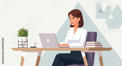 Professional businesswoman working on laptop at modern desk, corporate female employee in office workspace, productive woman using computer for business