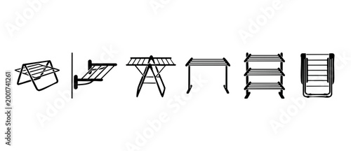 Clothes Drying Rack Icon Set, Laundry Equipment Collection for Household Chores, Collapsible and Wall Mounted Dryer Designs for Garment Care, Linear Vector Illustration for Modern Home Laundry Room De