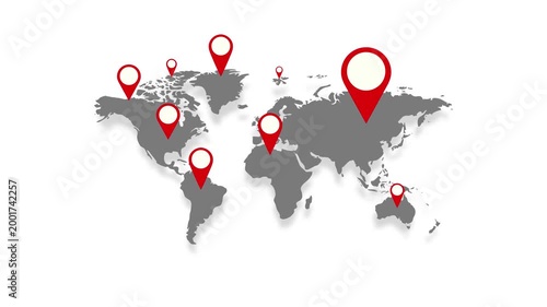World map animation with red location pins popping up for global travel and logistics business concept 4k animation on white background