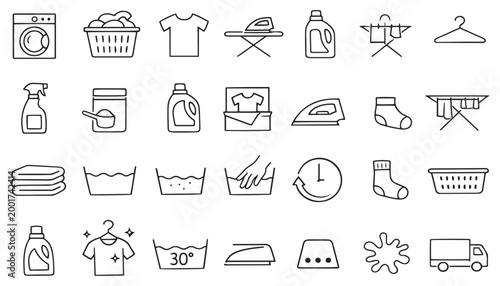 laundry service washing machine household cleaning textile care line icons