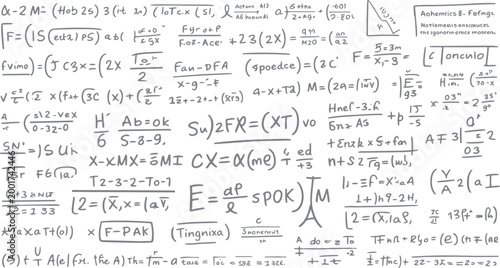 A chaotic collage of handwritten mathematical equations and symbols in various sizes and styles mathematics