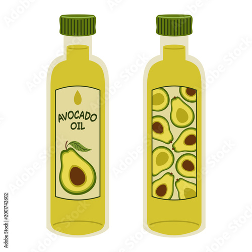 Avocado oil in glass bottles. Organic essential oil for cooking or skin care. Healthy fat, keto ingredient, natural cosmetic product. Flat vector illustration isolated on white background.