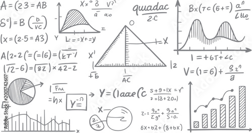 Hand drawn grey mathematical equations formulas graphs and geometric shapes on white background mathematics