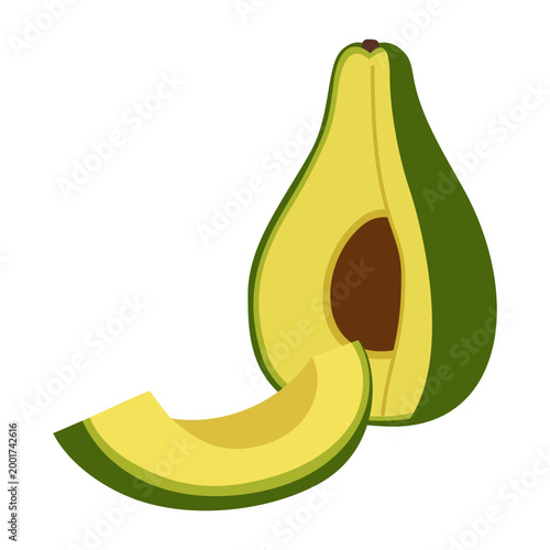 Half of fresh avocado with slice. Organic vegan food, ingredient for guacamole. Healthy fat, keto diet concept. Tropical sliced ripe fruit icon. Vector fruit illustration isolated on white background.