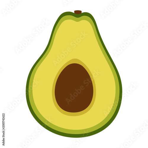 Half of fresh avocado with pit. Organic vegan food, ingredient for guacamole. Healthy fat and keto diet concept. Tropical sliced ripe fruit icon. Vector fruit illustration isolated on white background