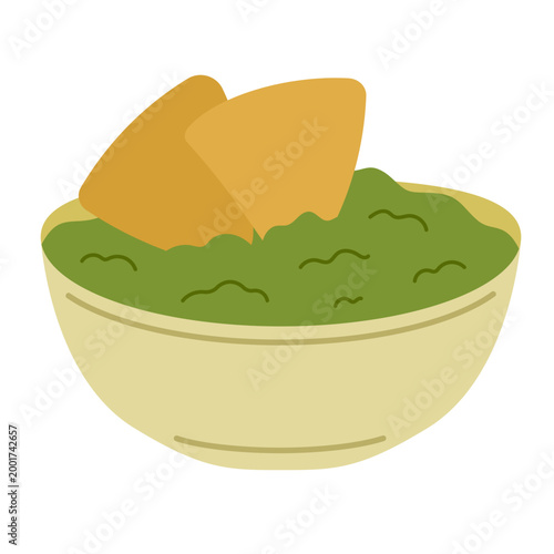 Traditional guacamole dip in bowl with avocado, lime and nachos. Mexican appetizer, healthy vegan snack. Latin American cuisine, party food concept. Vector illustration isolated on white background.