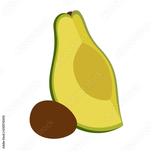 Slice of fresh avocado with pit. Organic vegan food, ingredient for guacamole. Healthy fat and keto diet concept. Tropical sliced ripe fruit. Vector fruit illustration isolated on white background.