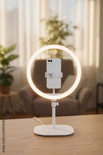 Sleek ring light phone holder LED light desk lamp home office content creator modern design soft lighting video call livestream tool softly glowing ring light with phone holder white stand