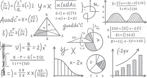 Hand drawn mathematical equations graphs and geometric shapes on white background mathematics formula