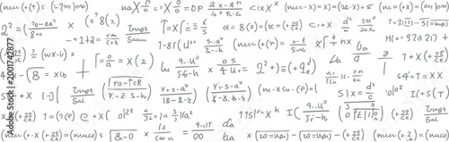 A dense pattern of handwritten mathematical equations and symbols in gray ink on a white background mathematics