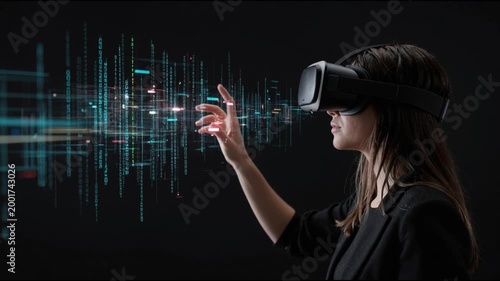 Woman is using virtual reality headset. Image with glitch effect.