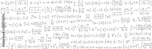 Handwritten mathematical equations and formulas on a white background with gray ink mathematics science