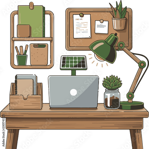 Desk with laptop lamp notebooks and plants home office