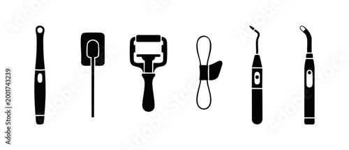 Dental Instruments Icon Set for Clinic and Orthodontic Practice, Professional Dentist Tools Collection Vector Illustration, Oral Care Equipment Silhouettes for Medical Design, Stomatology Examination
