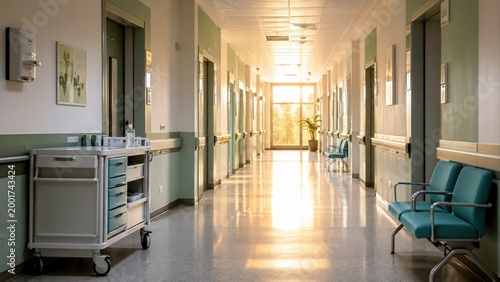 Bright Hospital Corridor With Chairs And Medical Cart