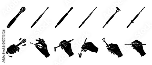 Dental Implant Surgical Tools Icon Set with Hand Gestures - Professional Dentist Equipment Vector Symbols for Oral Surgery, Implantology Procedures, Prosthodontics, and Periodontal Medical Illustratio