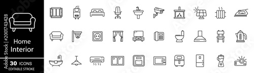 Home interior outline icon set. Furniture and house decoration icons symbol. Household appliances line icon. Vector illustration