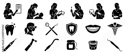Dentist icons set professional dental care tools and treatment procedures, flat black vector illustrations of tooth hygiene, examination, clinical checkup, oral health prevention and medical symbols