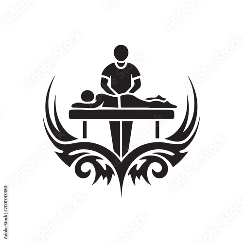 Professional Massage Therapist Silhouette With Decorative Tribal Floral Frame For Spa Wellness Branding.