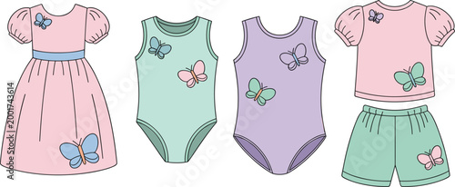 Cute pastel baby clothing set with butterflies including dress bodysuits t-shirt and shorts illustration