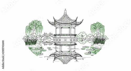 Serene pagoda reflected in tranquil pond surrounded by weeping willows and lily pads