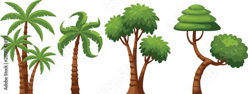 Cartoon tree vector set featuring tropical palm trees and stylized green trees in colorful nature illustration style