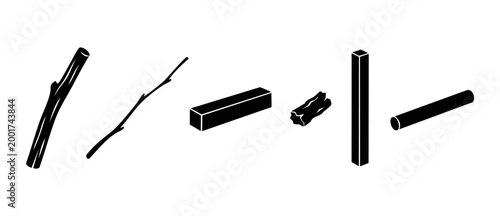 Wood stick and timber icon set, vector illustration of wooden materials, branches, logs, and beams for construction, craft, nature design elements isolated on a plain white background for project use.