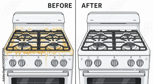 Side-by-side comparison of a dirty gas stove before and after cleaning