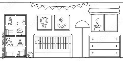 Baby room graphic black white interior sketch illustration vector 