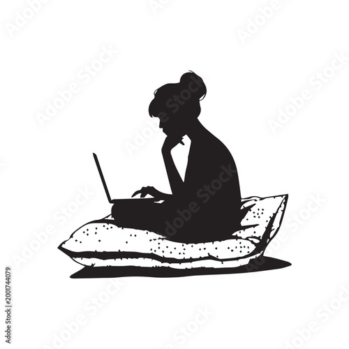 Professional Woman Working On Laptop Silhouette While Sitting On Comfortable Floor Cushion. 