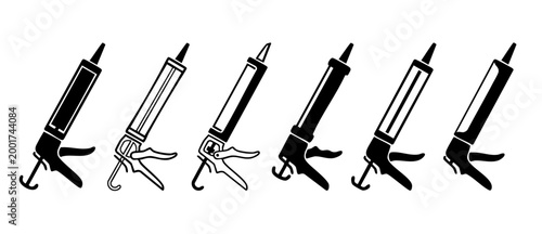 Caulk Gun Icon Set Vector Collection for Construction and DIY Repair Projects, Featuring Various Professional Silo Dispenser Tools in Minimalist Black Silhouette Style for Home Improvement Graphic Des