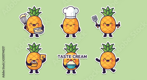 Cheerful pineapple characters in sweet culinary roles, ideal for playful tropical illustrations, vibrant food designs, and lively content