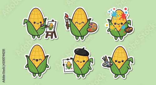 Delightful cartoon corn characters joyfully engaged in artistic activities, painting with brushes and palettes, creating vibrant and imaginative masterpieces