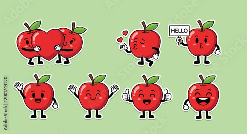 Adorable red apple characters expressing joy, love, and greetings with cheerful gestures, perfect for delightful designs and healthy food lifestyle concepts