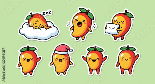 A playful set of seven cute cartoon mango characters, each with unique expressions and charming poses, designed as cheerful sticker illustrations on a bright green backdrop