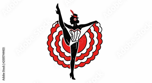 Silhouette of a can-can dancer with a large, ruffled skirt and feather hat