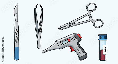 Surgical Instruments Set with Scalpel Tweezers Forceps Infrared Thermometer and Blood Sample Tube for Medical Design