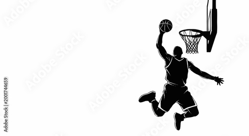 Basketball player silhouette performing a powerful slam dunk