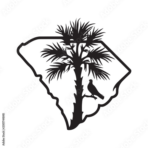 South Carolina State Map Silhouette With Palmetto Tree And Mourning Dove Graphic.