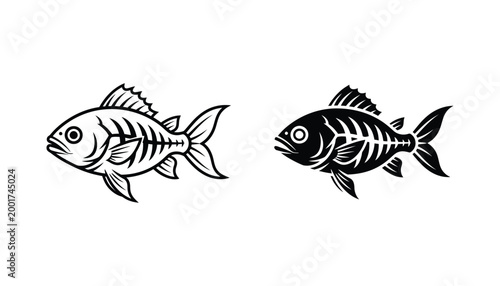 Fish skeleton icon for seafood restaurant and fishing industry branding vector illustration in black and white styles