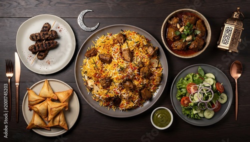 eid al-adha top view flat lay eid al adha feast with biryani kebabs salad and traditional dishes on dark wood