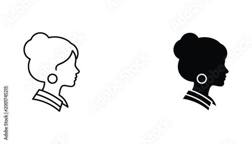 Woman with elegant bun hairstyle and hoop earring profile line art and silhouette vector icon