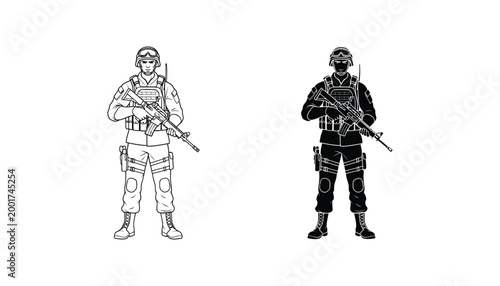 Modern soldier in tactical gear holding rifle outline and silhouette representing military and defense concepts