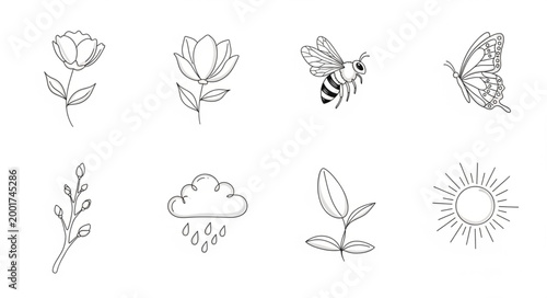 Collection of Floral and Insect Icons in Outline Style.