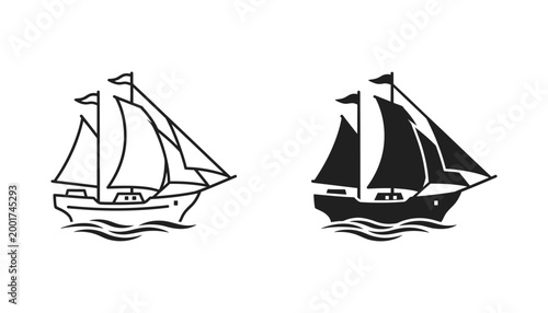 Vintage sailing ship outline and silhouette on wavy water representing nautical and maritime themes